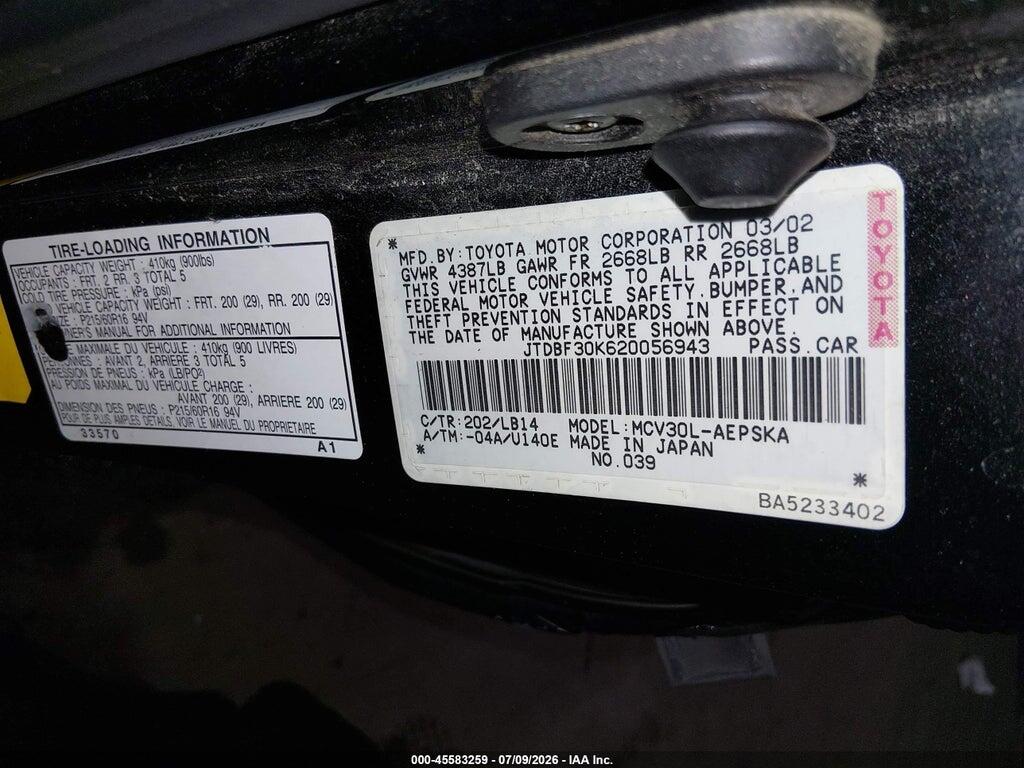 JTDBF30K620056943 2002 TOYOTA CAMRY photo no. 9