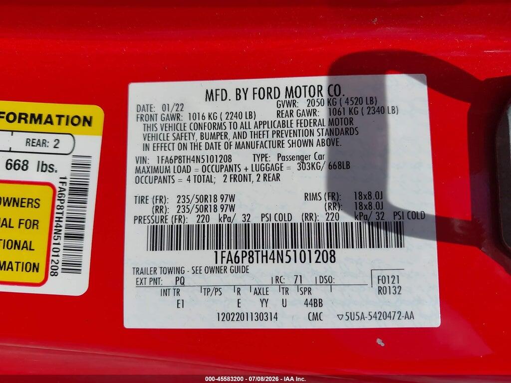 1FA6P8TH4N5101208 2022 FORD MUSTANG photo no. 9