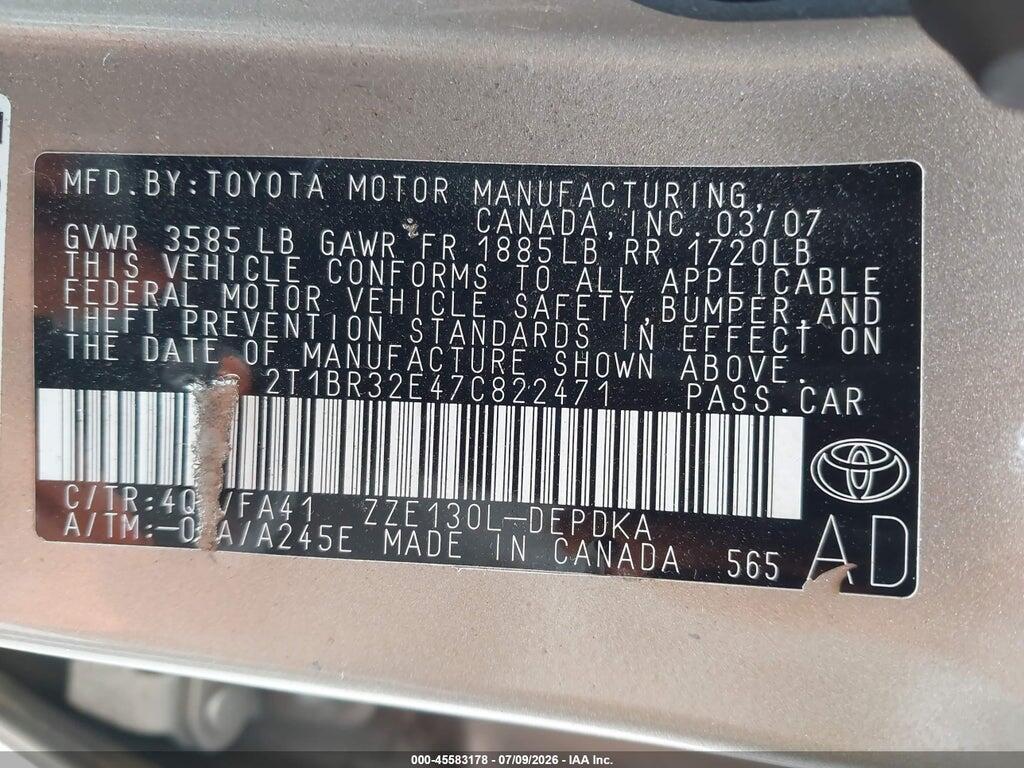 2T1BR32E47C822471 2007 TOYOTA COROLLA photo no. 9