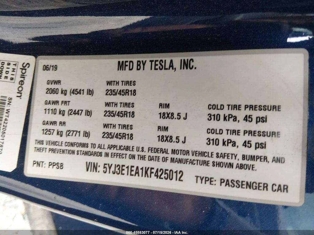5YJ3E1EA1KF425012 2019 TESLA MODEL 3 photo no. 9