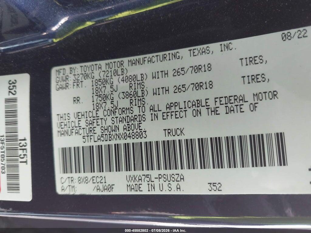 5TFLA5DBXNX048803 2022 TOYOTA TUNDRA photo no. 9