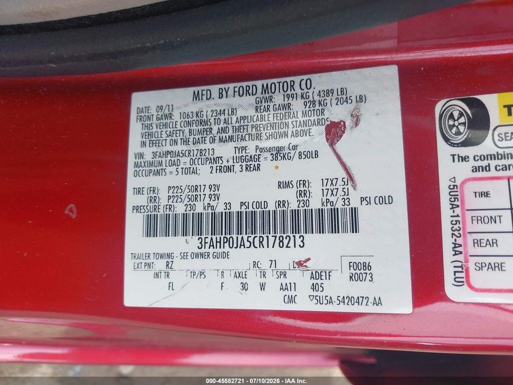 3FAHP0JA5CR178213 2012 FORD FUSION photo no. 9