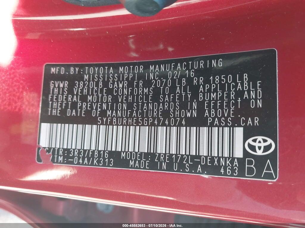 5YFBURHE5GP474074 2016 TOYOTA COROLLA photo no. 9