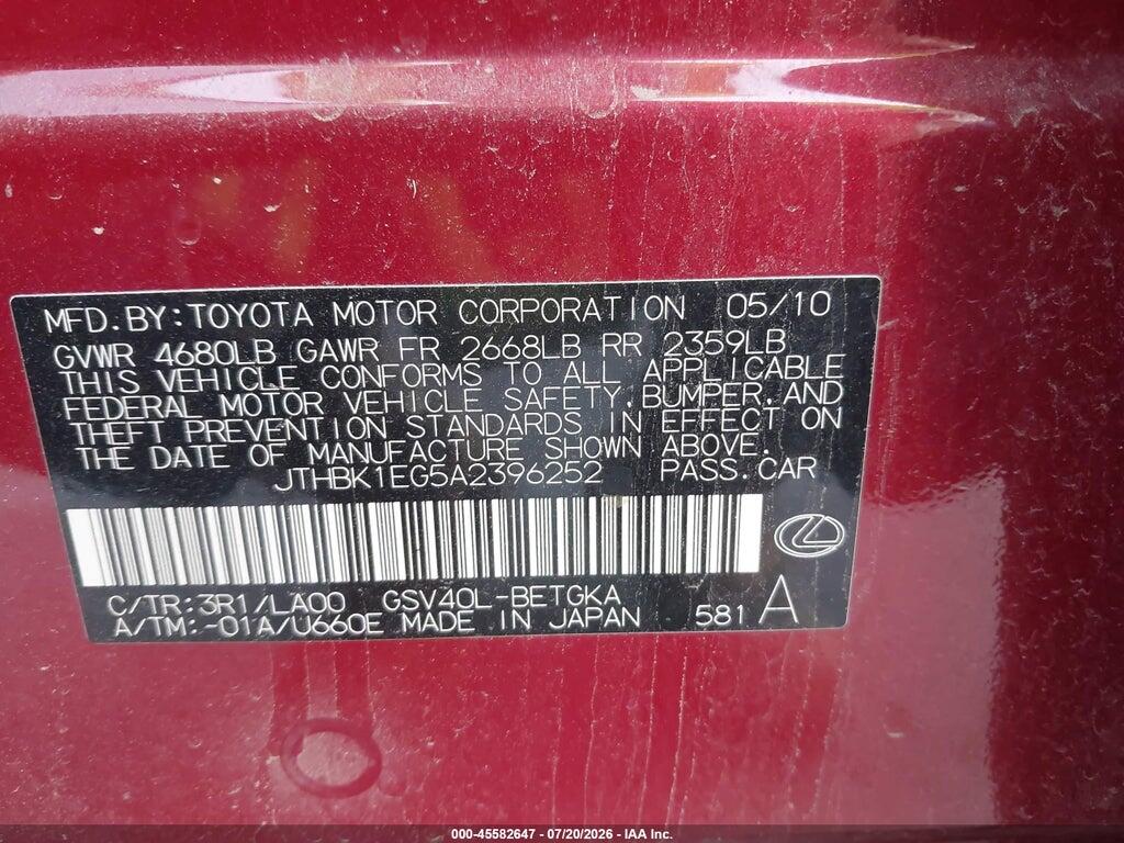 JTHBK1EG5A2396252 2010 LEXUS ES 350 photo no. 9