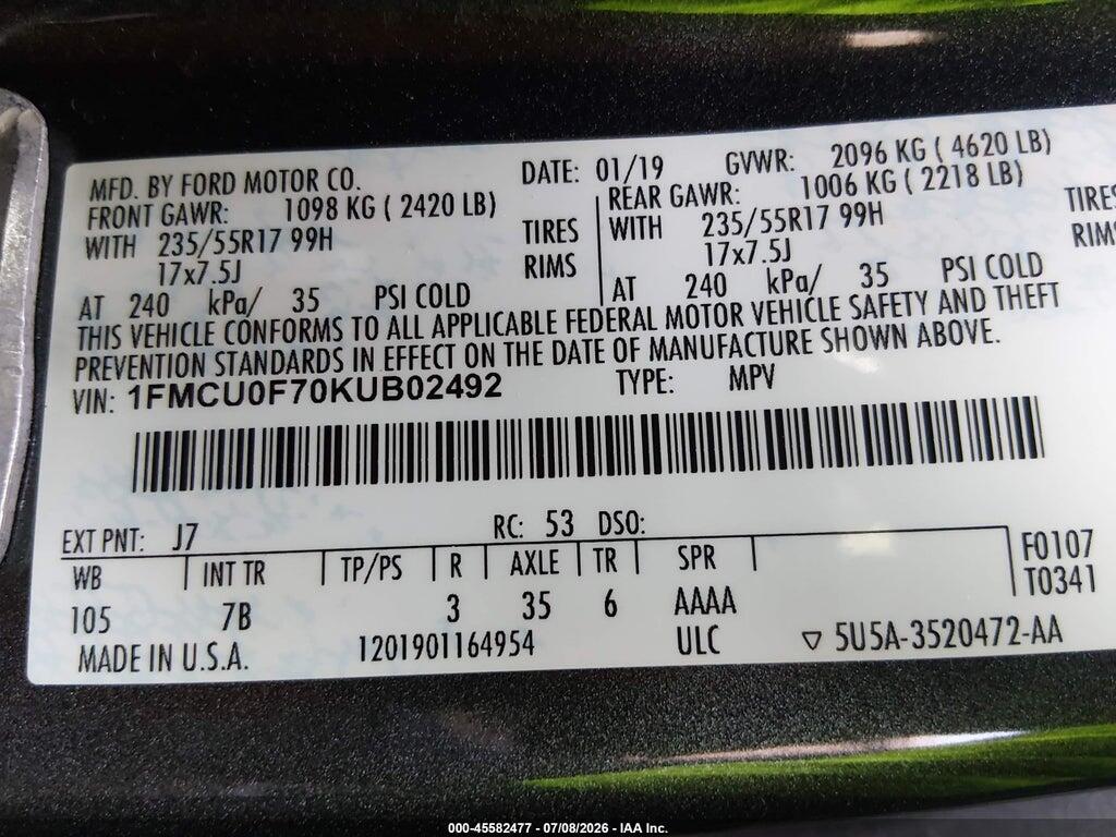 1FMCU0F70KUB02492 2019 FORD ESCAPE photo no. 9