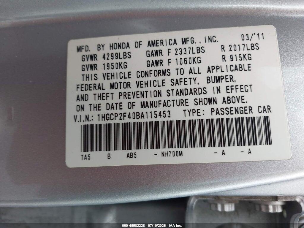1HGCP2F40BA115453 2011 HONDA ACCORD photo no. 9