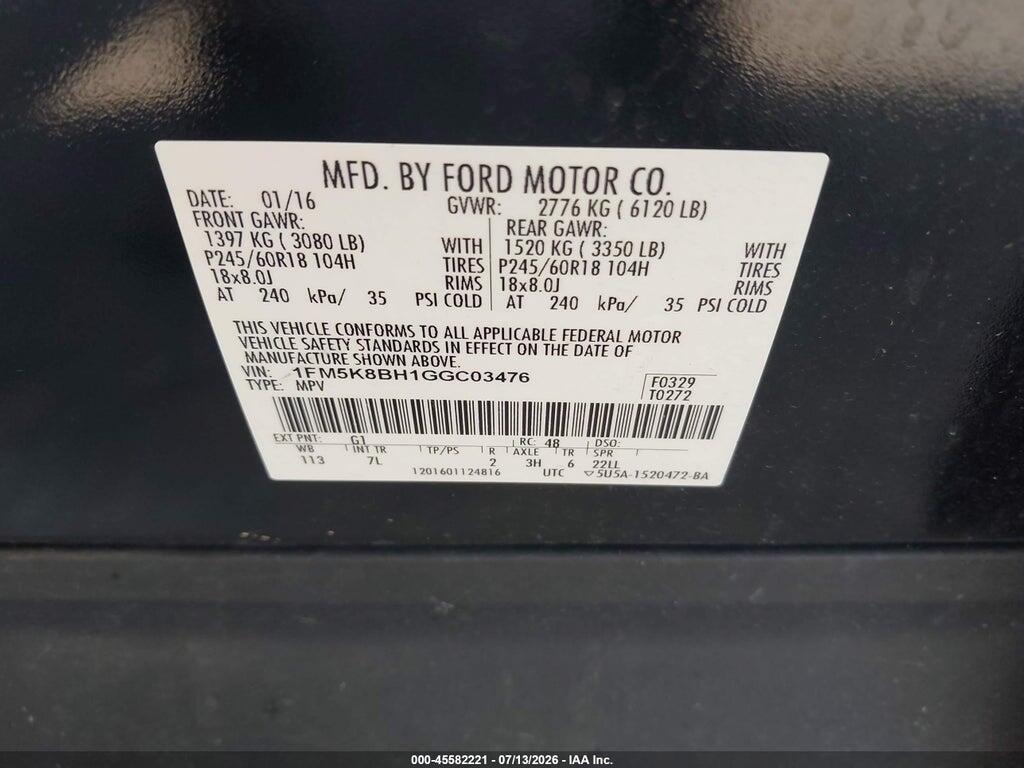 1FM5K8BH1GGC03476 2016 FORD EXPLORER photo no. 9