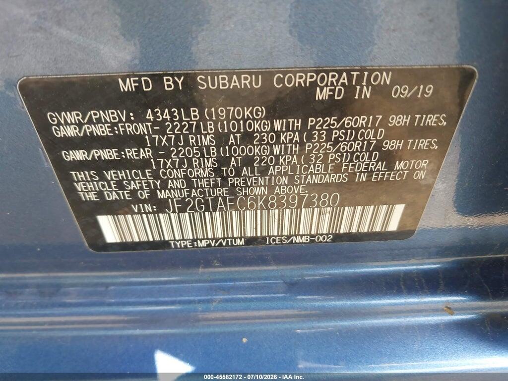 JF2GTAEC6K8397380 2019 SUBARU CROSSTREK photo no. 9
