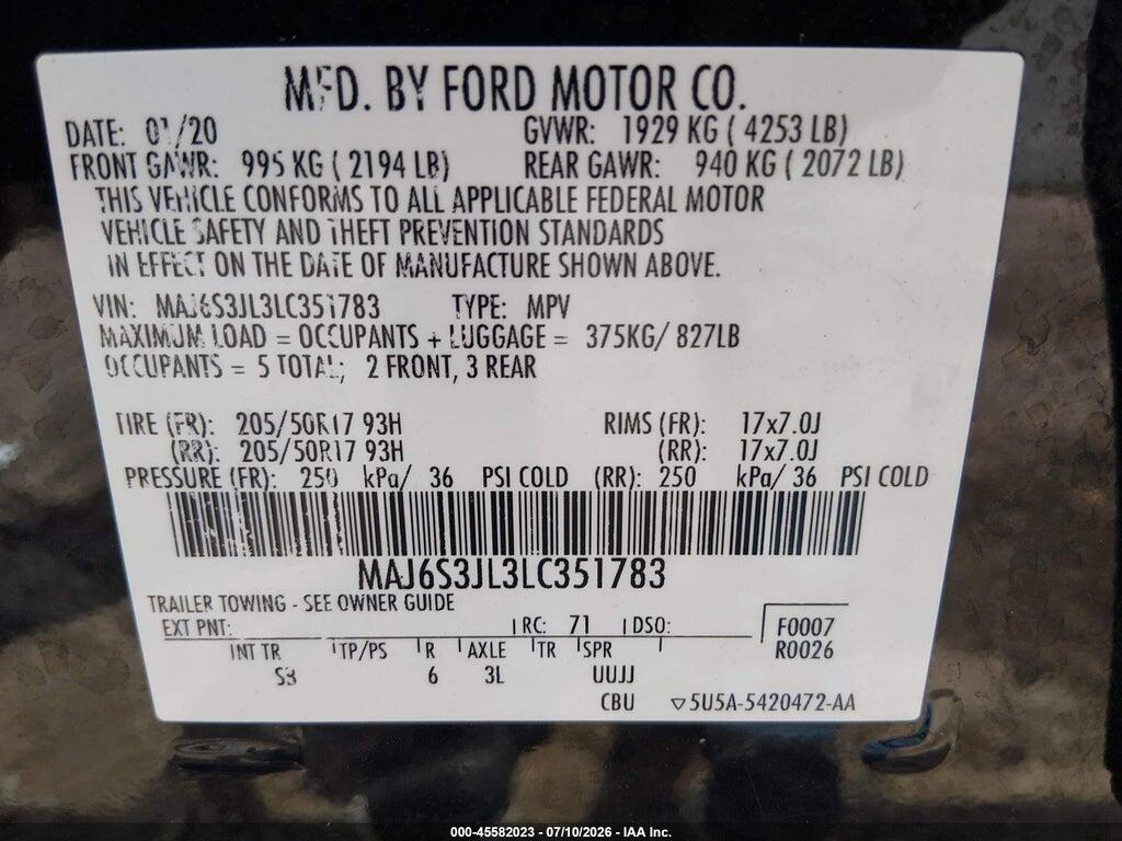 MAJ6S3JL3LC351783 2020 FORD ECOSPORT photo no. 9