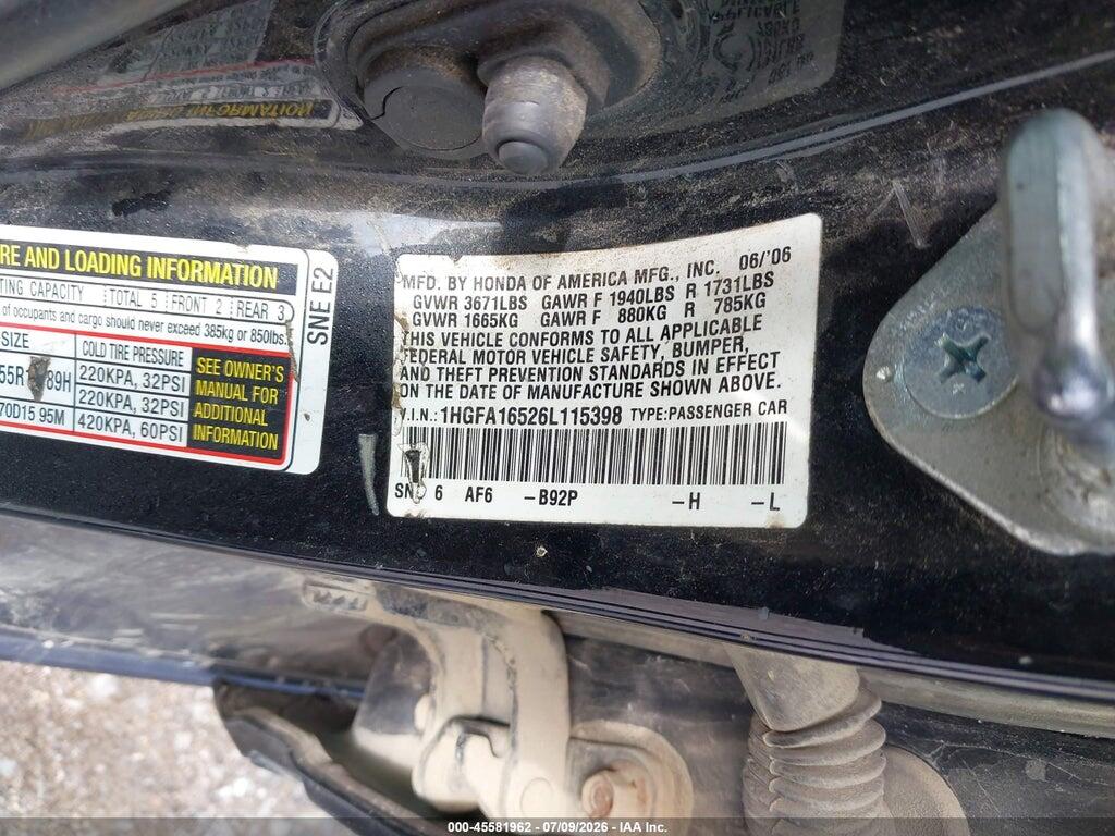 1HGFA16526L115398 2006 HONDA CIVIC photo no. 9