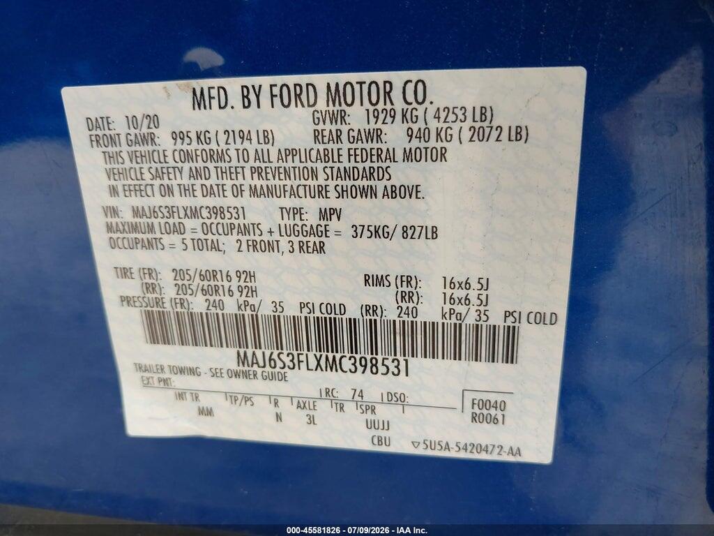MAJ6S3FLXMC398531 2021 FORD ECOSPORT photo no. 9