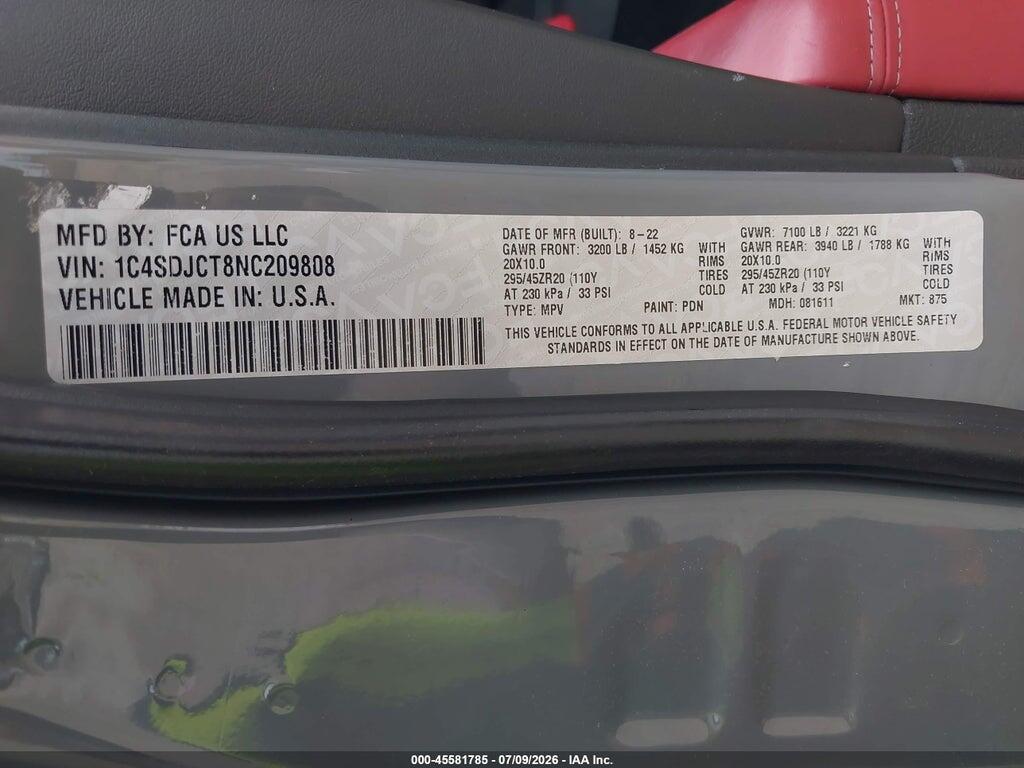 1C4SDJCT8NC209808 2022 DODGE DURANGO photo no. 9