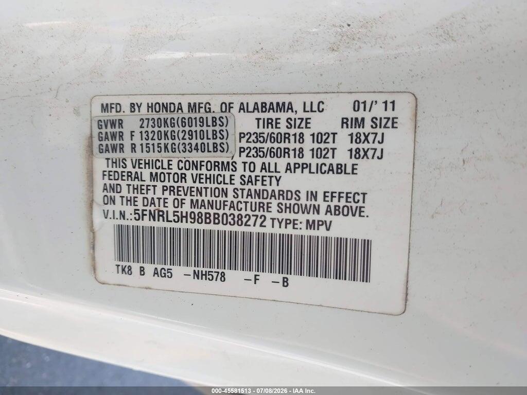 5FNRL5H98BB038272 2011 HONDA ODYSSEY photo no. 9