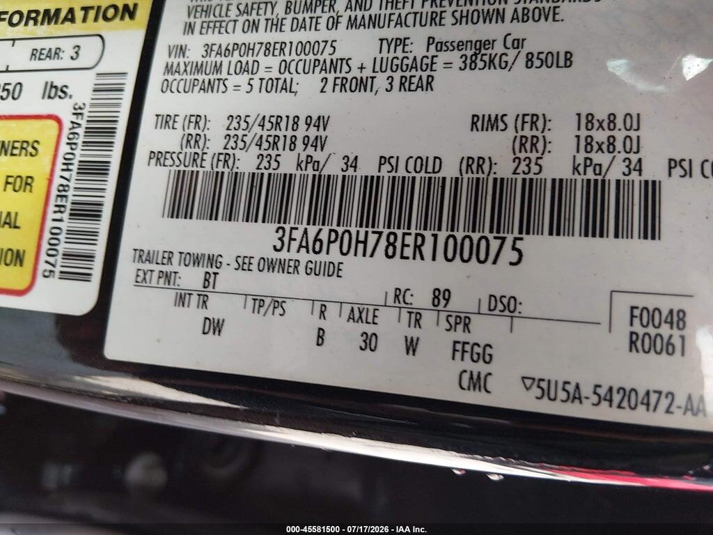 3FA6P0H78ER100075 2014 FORD FUSION photo no. 9