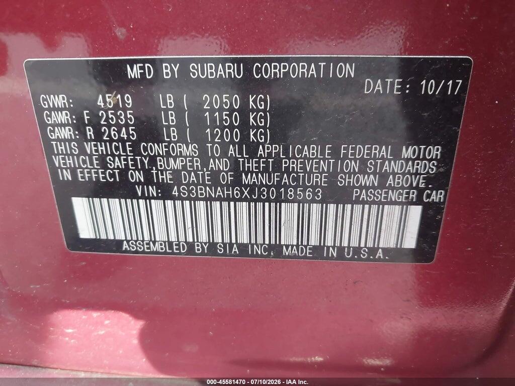 4S3BNAH6XJ3018563 2018 SUBARU LEGACY photo no. 9