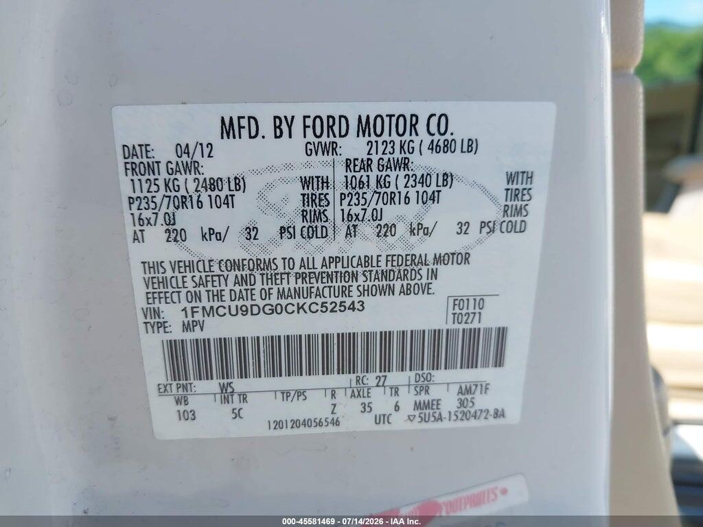 1FMCU9DG0CKC52543 2012 FORD ESCAPE photo no. 9