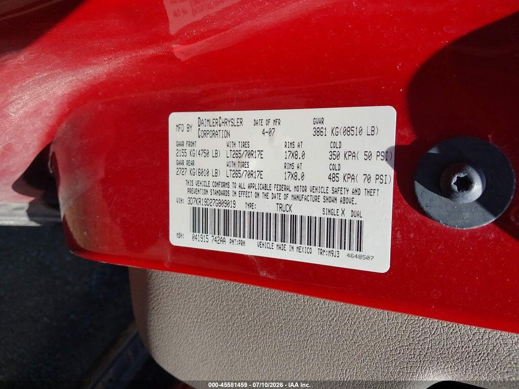 3D7KR19D27G809019 2007 DODGE RAM 1500 photo no. 9