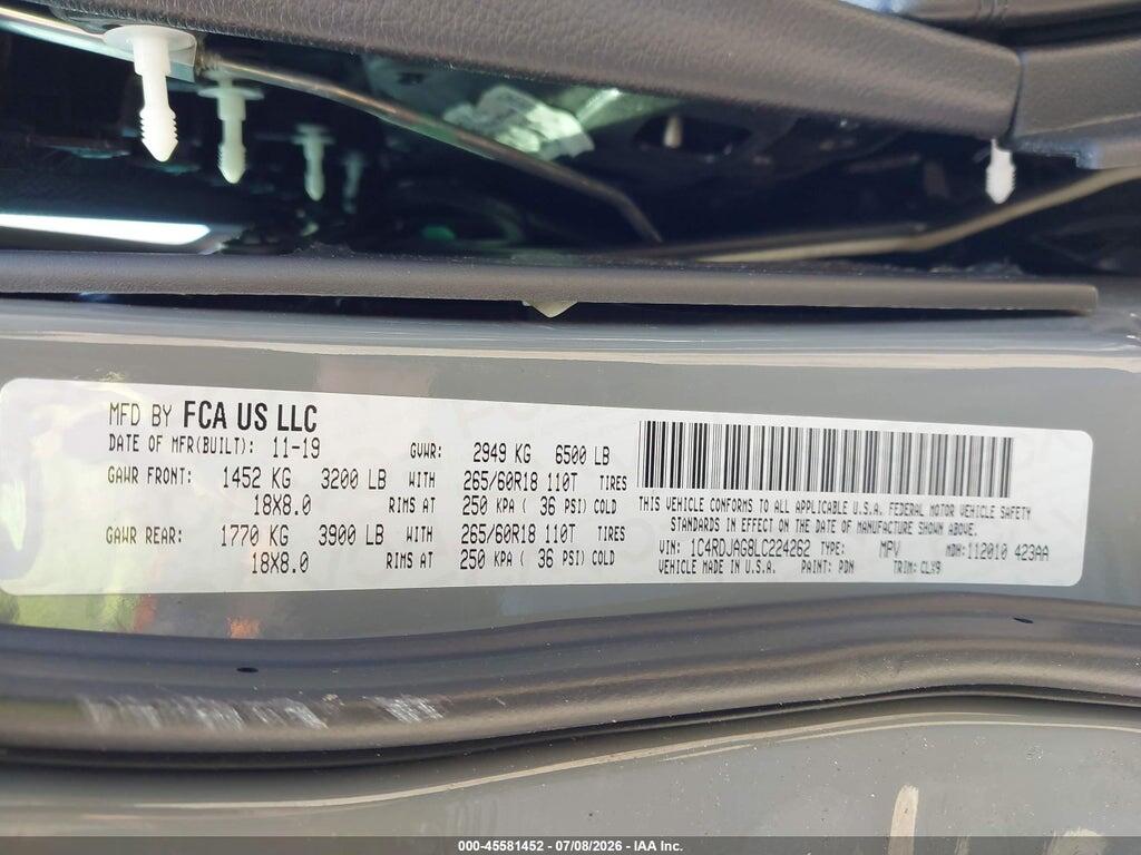 1C4RDJAG8LC224262 2020 DODGE DURANGO photo no. 9