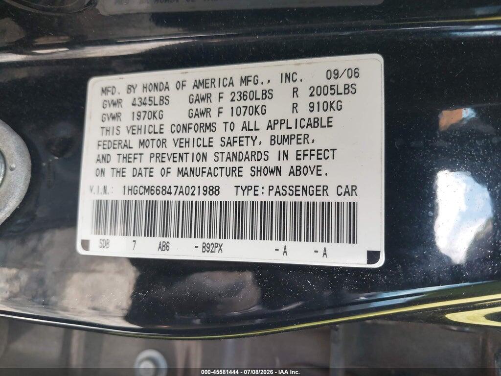 1HGCM66847A021988 2007 HONDA ACCORD photo no. 9
