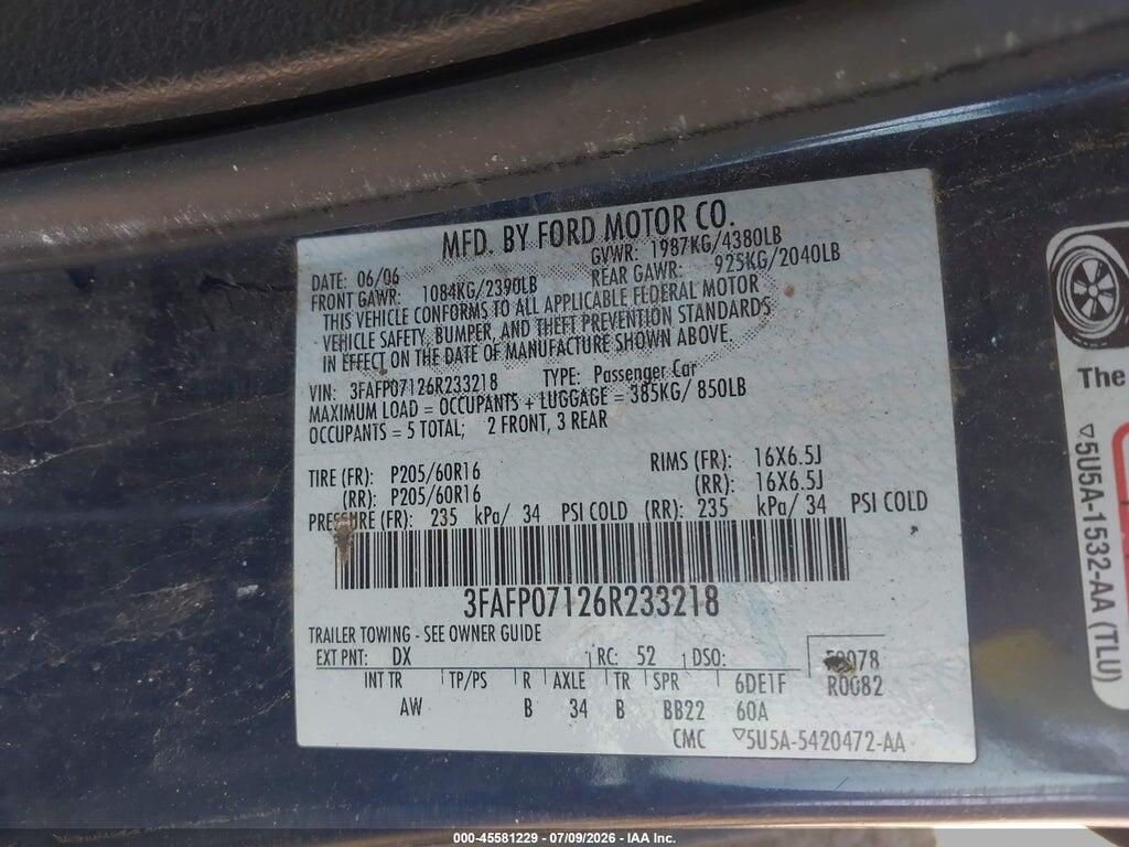 3FAFP07126R233218 2006 FORD FUSION photo no. 9