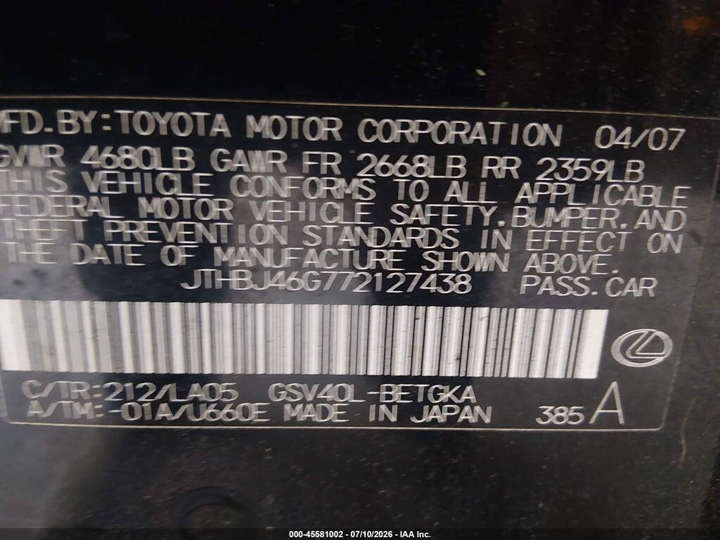JTHBJ46G772127438 2007 LEXUS ES 350 photo no. 9
