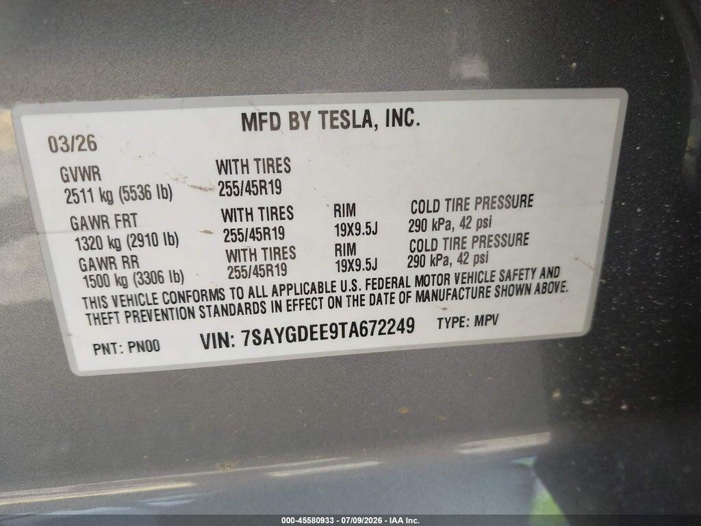 7SAYGDEE9TA672249 2026 TESLA MODEL Y photo no. 9