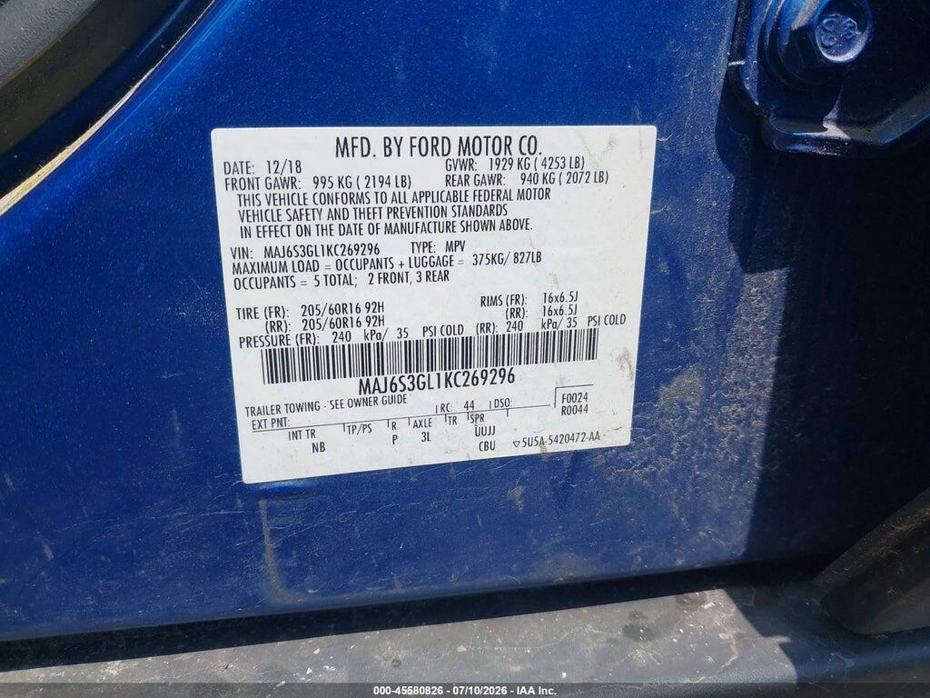 MAJ6S3GL1KC269296 2019 FORD ECOSPORT photo no. 9