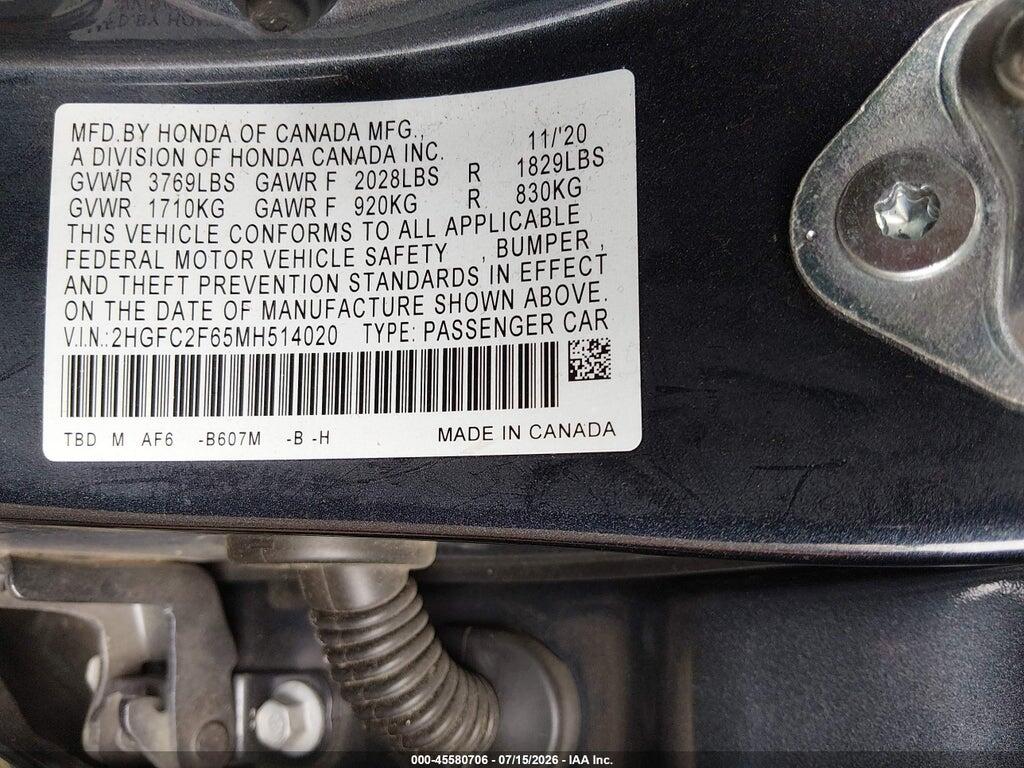 2HGFC2F65MH514020 2021 HONDA CIVIC photo no. 9