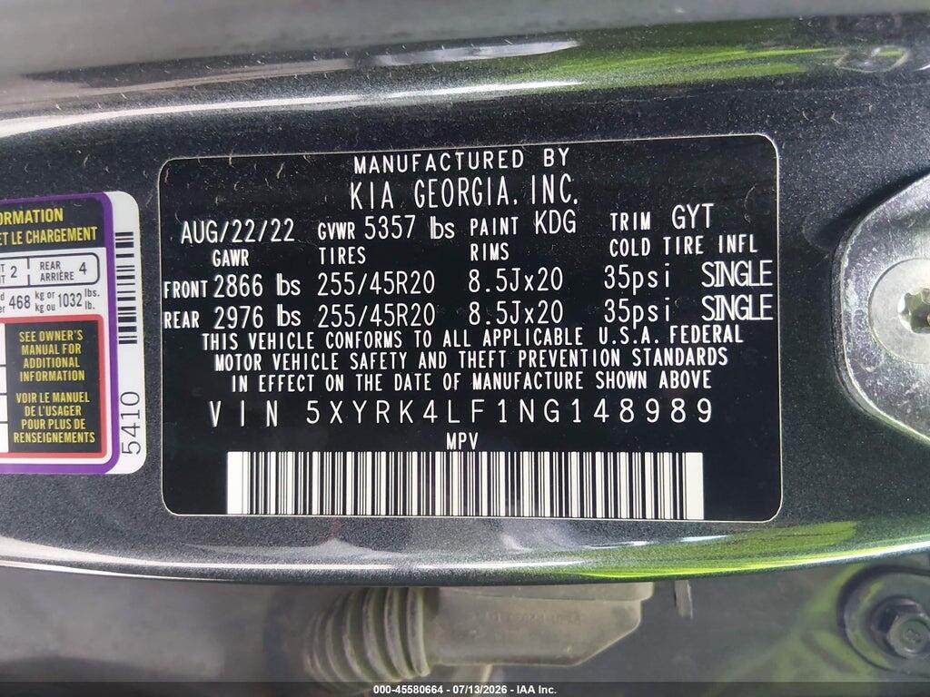 5XYRK4LF1NG148989 2022 KIA SORENTO photo no. 9