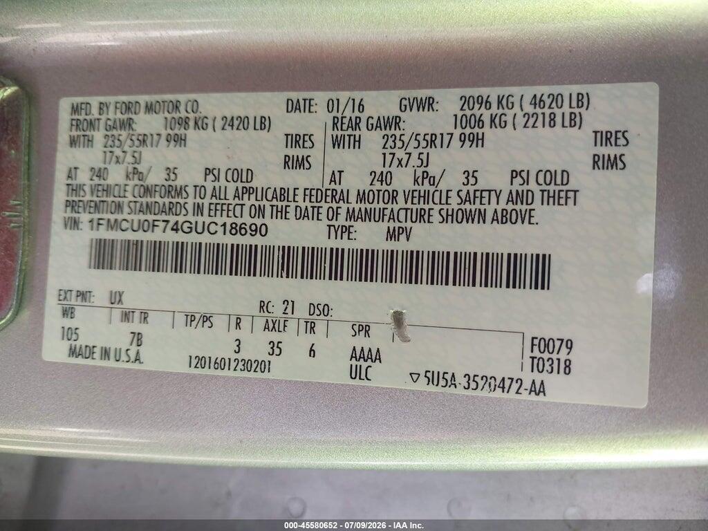 1FMCU0F74GUC18690 2016 FORD ESCAPE photo no. 9