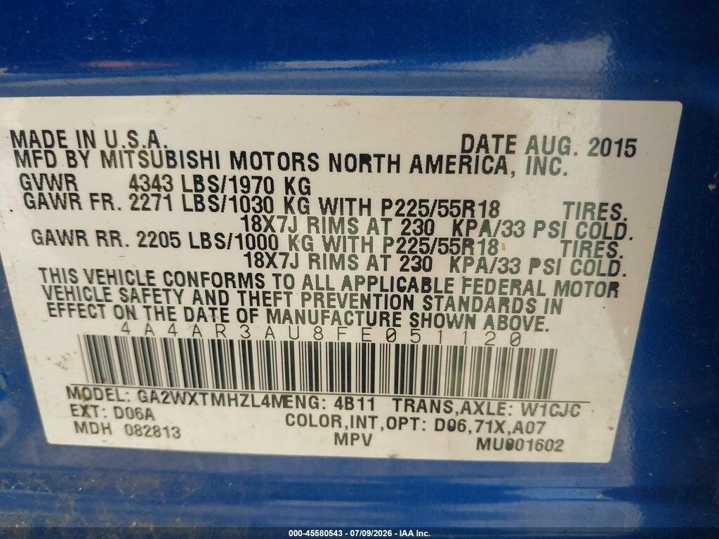 4A4AR3AU8FE051120 2015 MITSUBISHI OUTLANDER SPORT photo no. 9