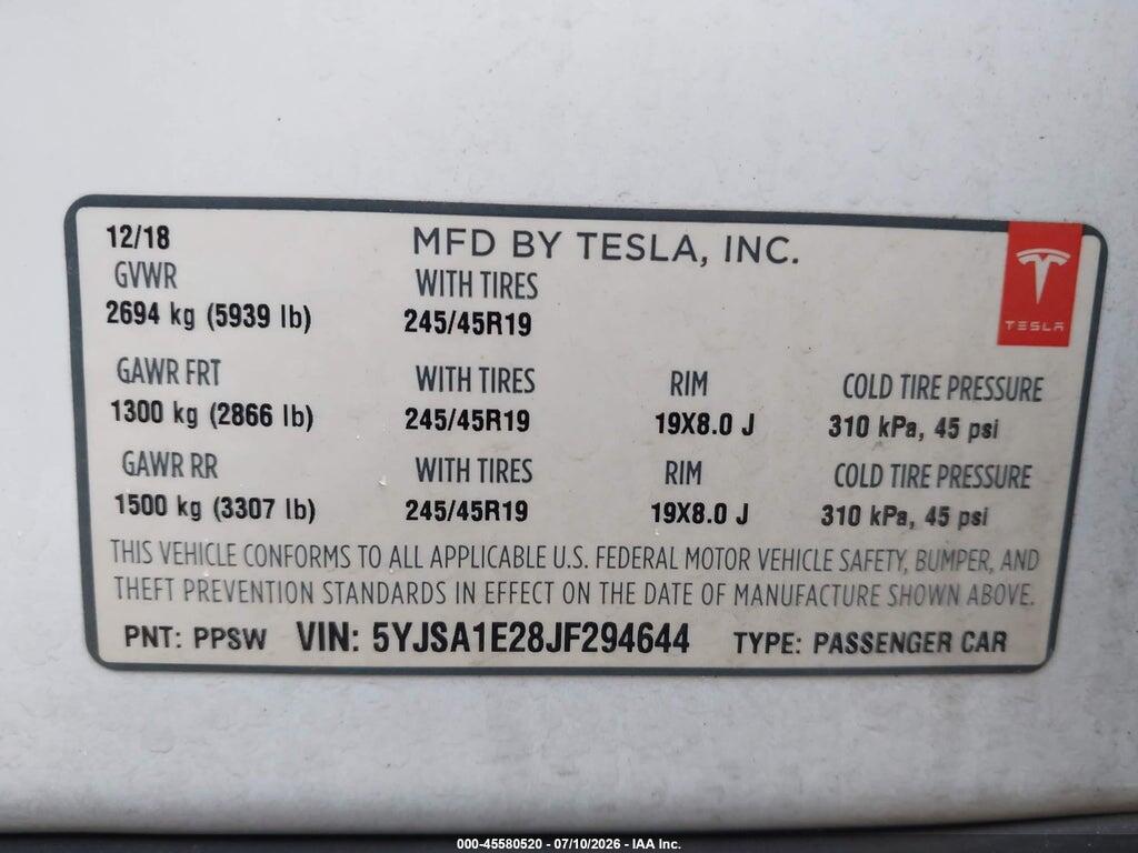 5YJSA1E28JF294644 2018 TESLA MODEL S photo no. 9