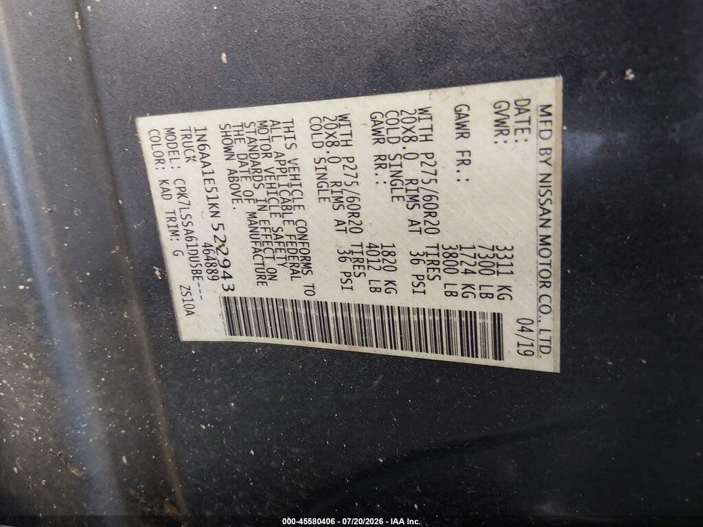 1N6AA1E51KN522943 2019 NISSAN TITAN photo no. 9