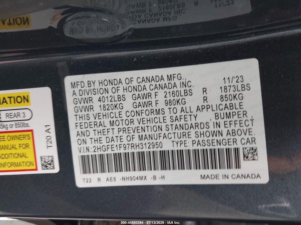 2HGFE1F97RH312950 2024 HONDA CIVIC photo no. 9