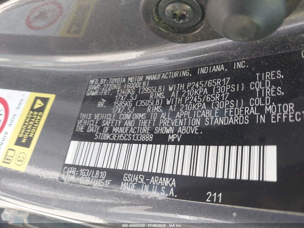5TDBK3EH5CS133888 2012 TOYOTA HIGHLANDER photo no. 9
