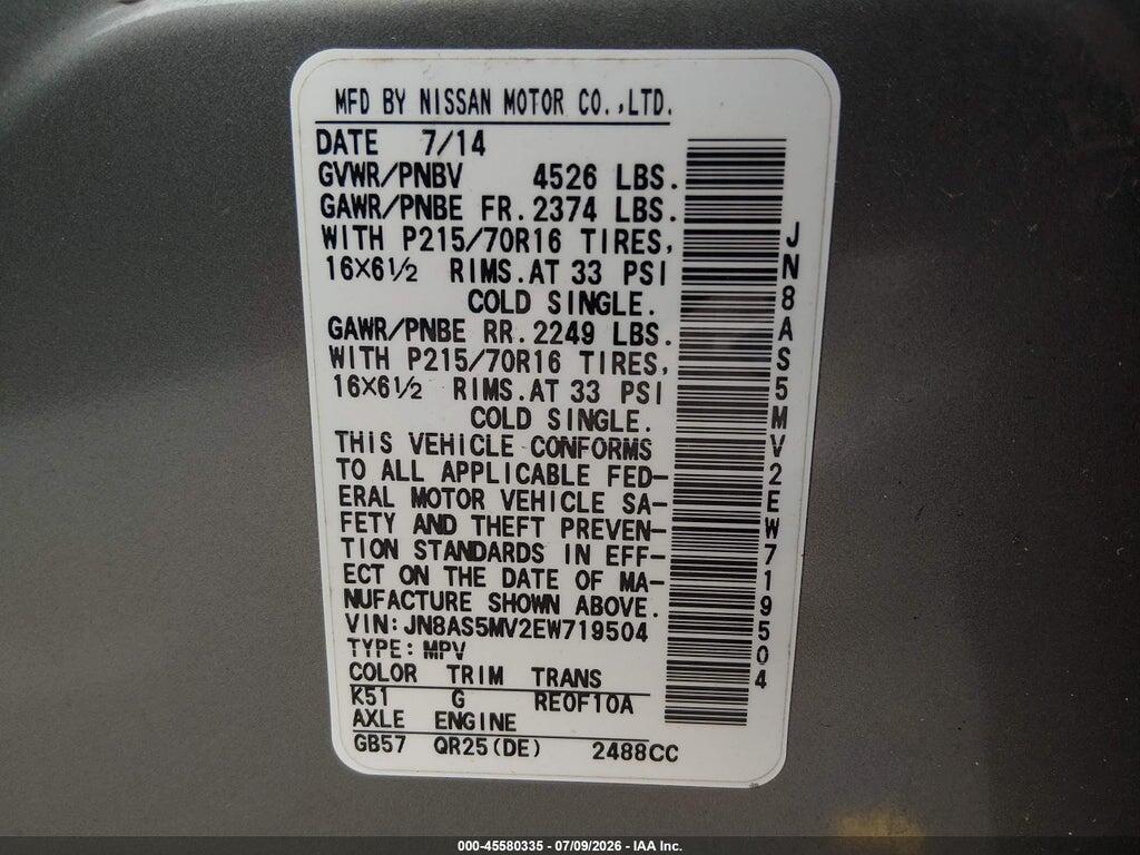 JN8AS5MV2EW719504 2014 NISSAN ROGUE SELECT photo no. 9