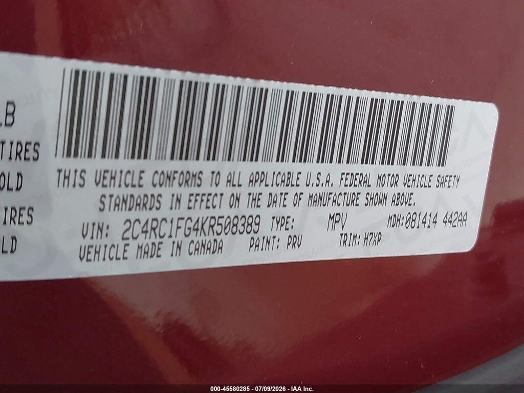 2C4RC1FG4KR508389 2019 CHRYSLER PACIFICA photo no. 9