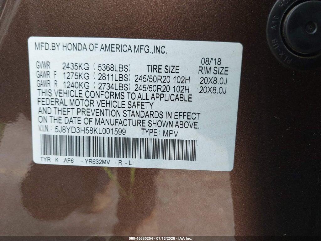 5J8YD3H58KL001599 2019 ACURA MDX photo no. 9