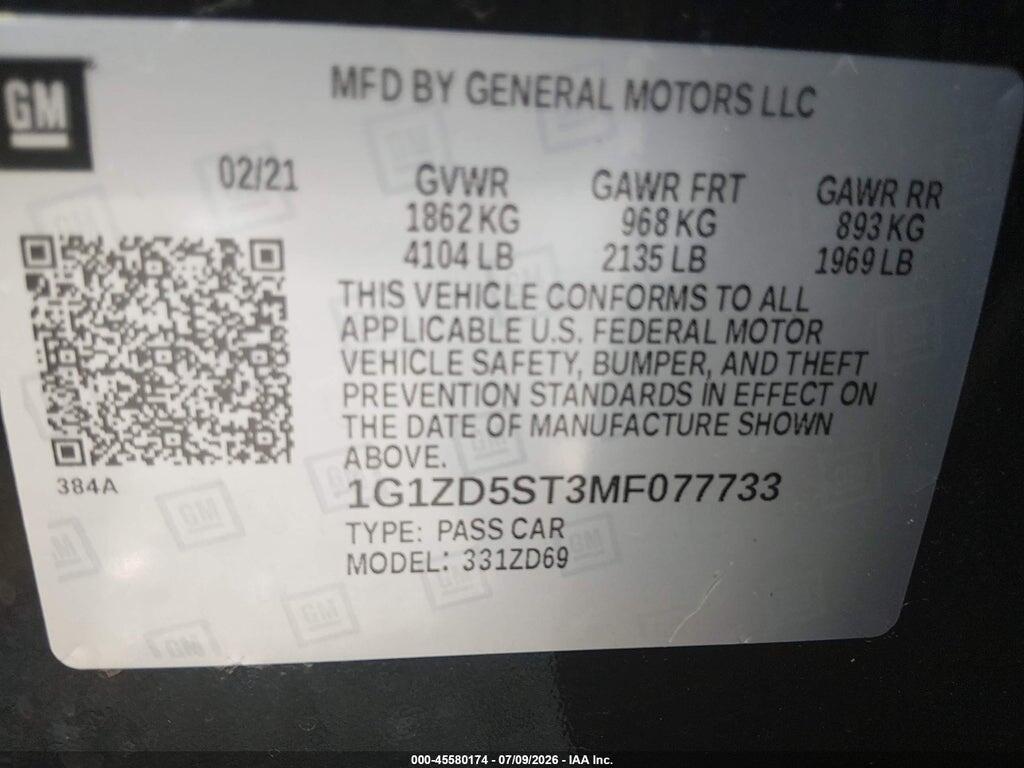 1G1ZD5ST3MF077733 2021 CHEVROLET MALIBU photo no. 9