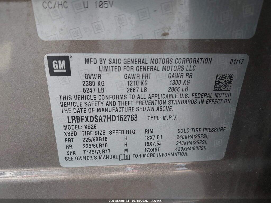 LRBFXDSA7HD162763 2017 BUICK ENVISION photo no. 9