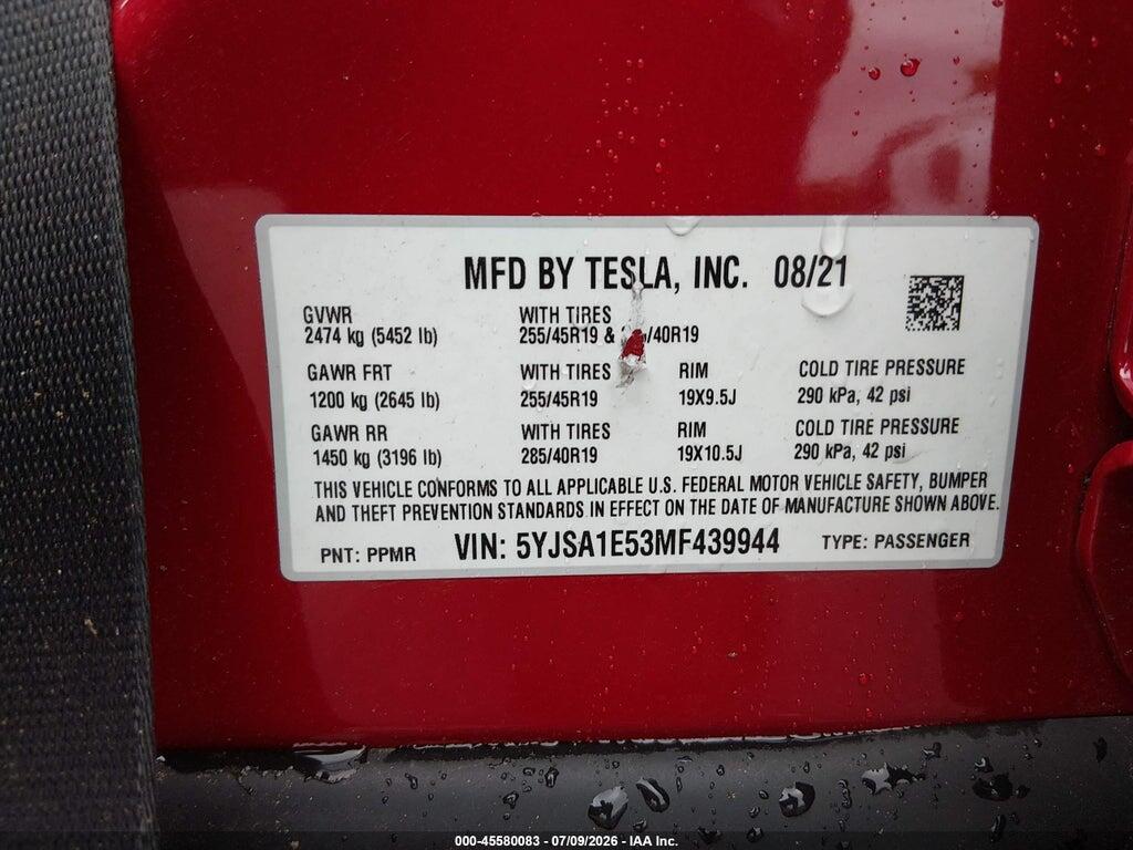 5YJSA1E53MF439944 2021 TESLA MODEL S photo no. 8