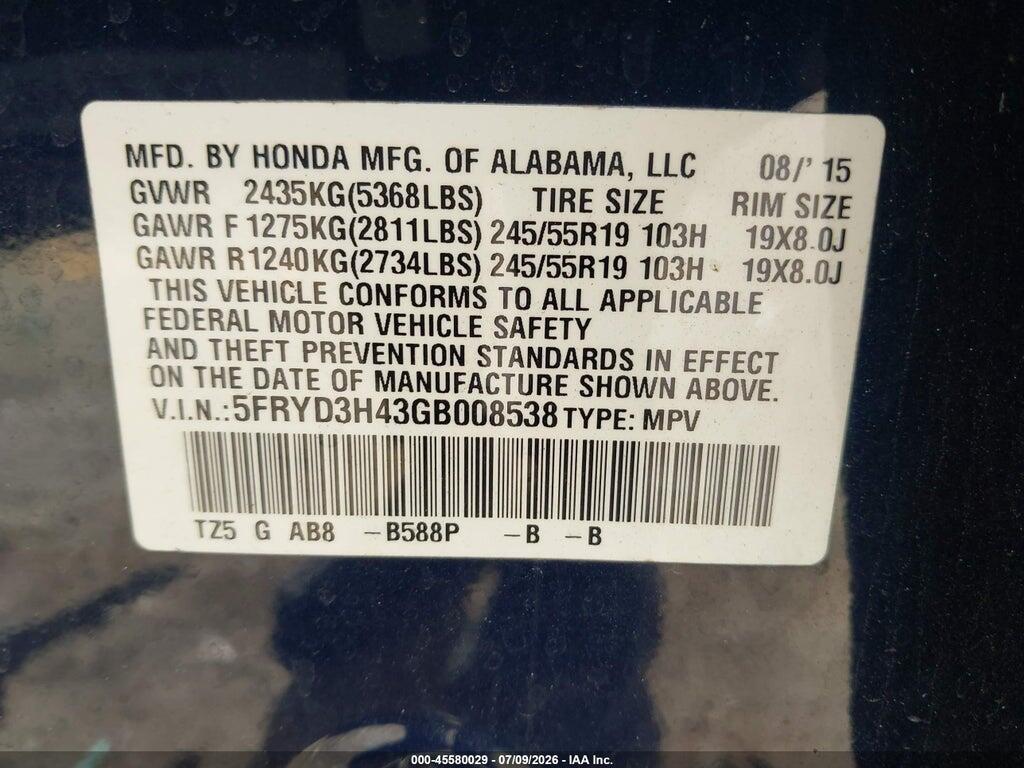 5FRYD3H43GB008538 2016 ACURA MDX photo no. 9