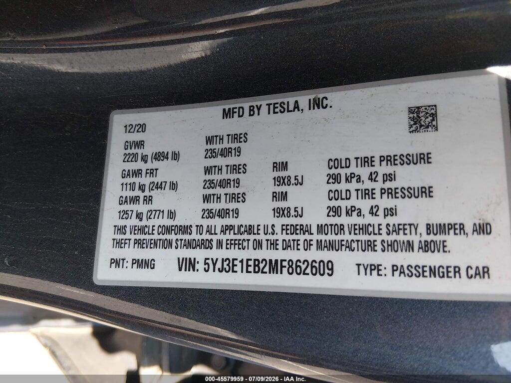 5YJ3E1EB2MF862609 2021 TESLA MODEL 3 photo no. 9