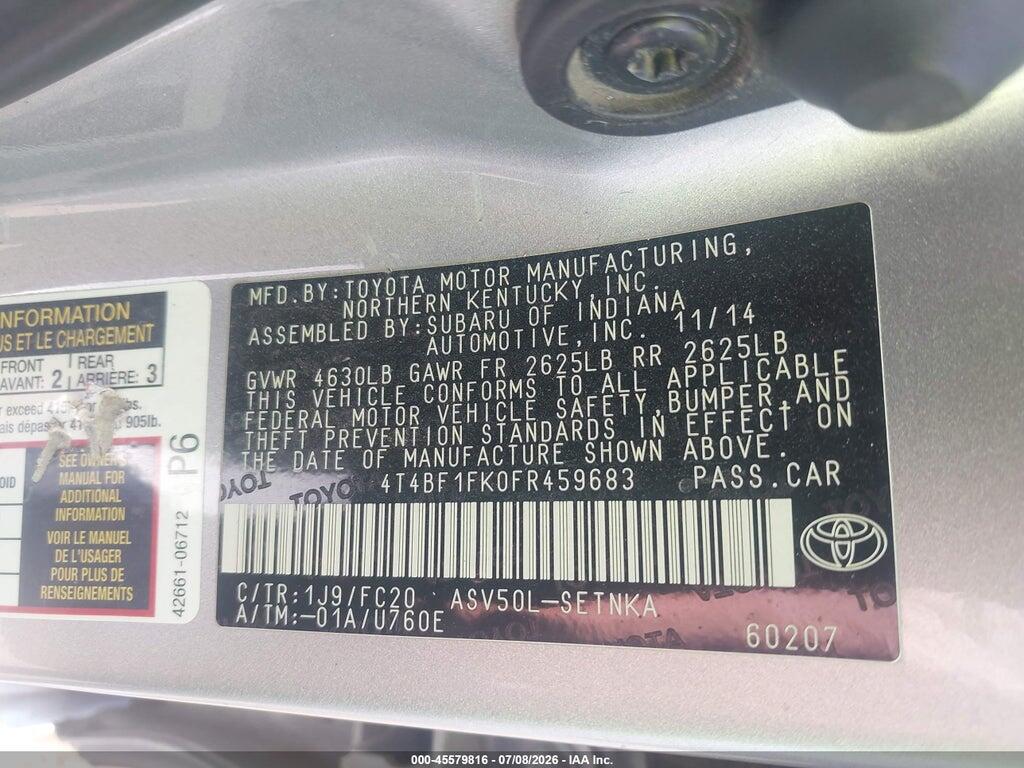 4T4BF1FK0FR459683 2015 TOYOTA CAMRY photo no. 9