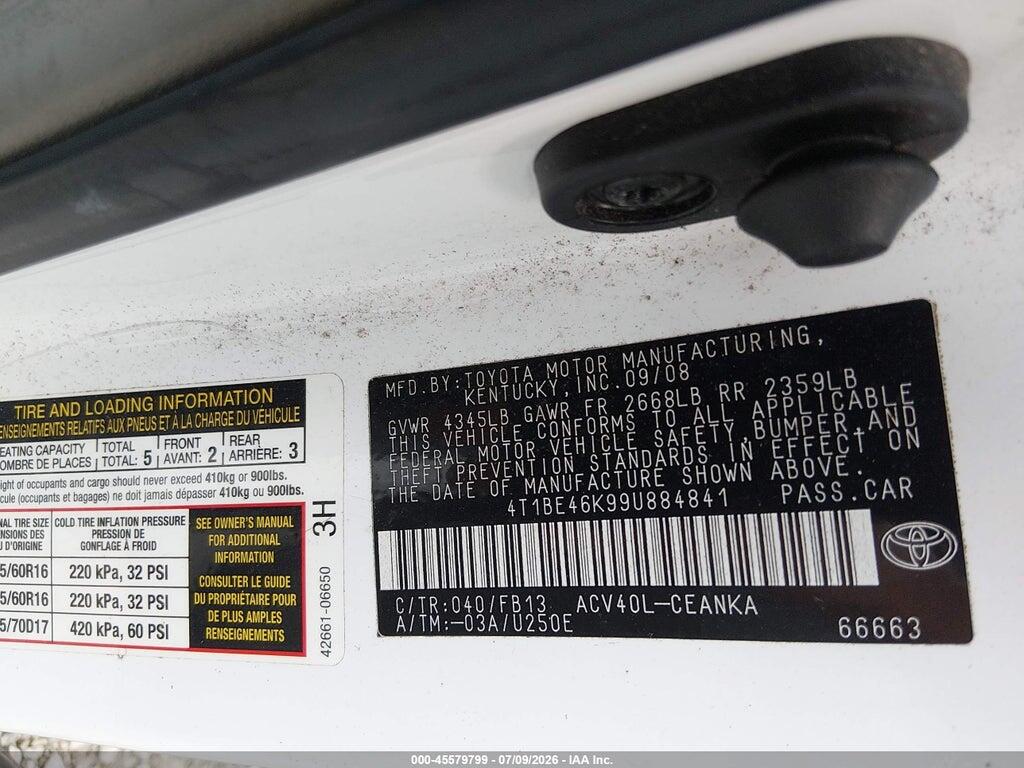 4T1BE46K99U884841 2009 TOYOTA CAMRY photo no. 9