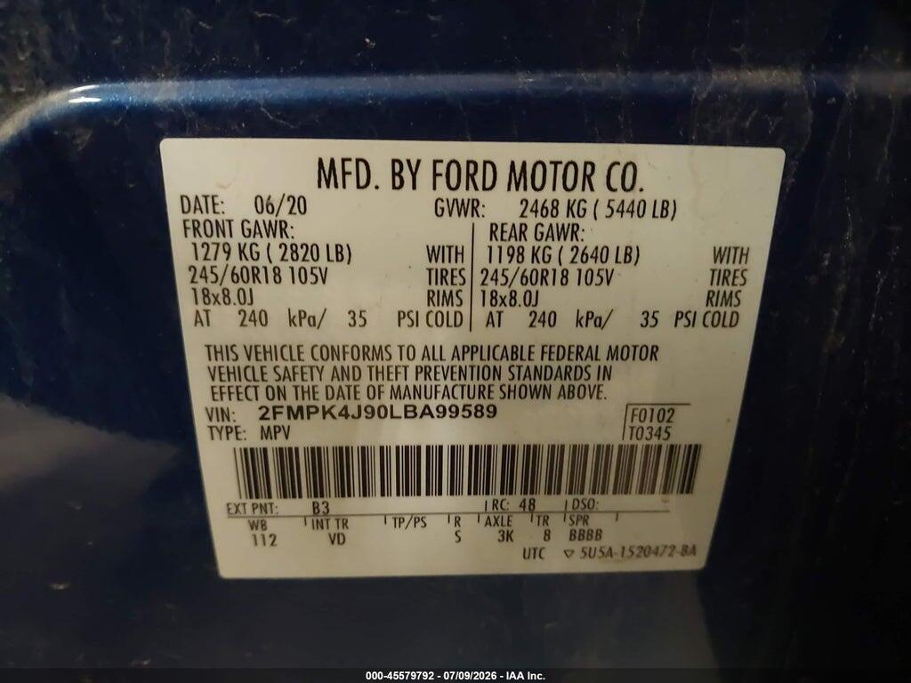 2FMPK4J90LBA99589 2020 FORD EDGE photo no. 9