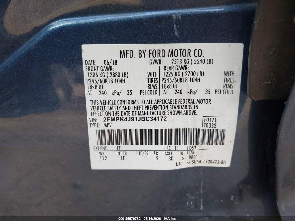 2FMPK4J91JBC34172 2018 FORD EDGE photo no. 9
