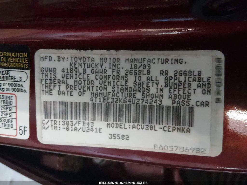 4T1BE32K64U274243 2004 TOYOTA CAMRY photo no. 9