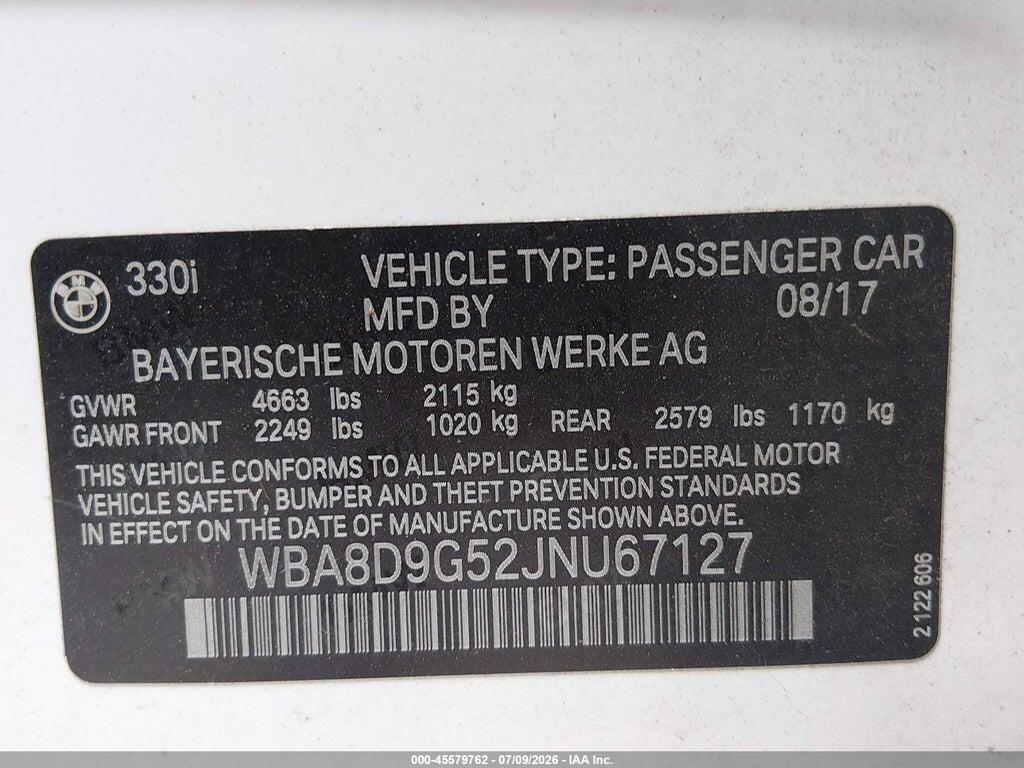 WBA8D9G52JNU67127 2018 BMW 330I photo no. 9