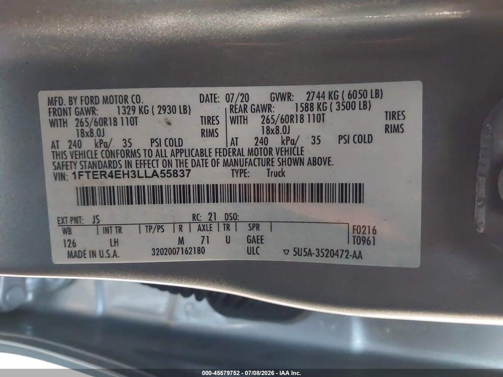 1FTER4EH3LLA55837 2020 FORD RANGER photo no. 9